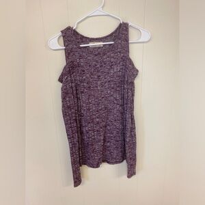 Hollister Size M Plum & White Speckled Open Shoulder Long Sleeve Ribbed Top